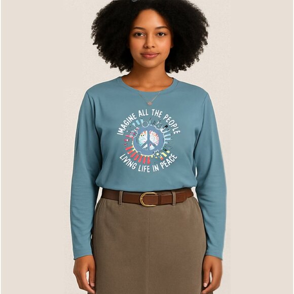 Imagine Peace Long Sleeve Top Size L Teal Blue Retro Musiccore Retro Style - Picture 11 of 13